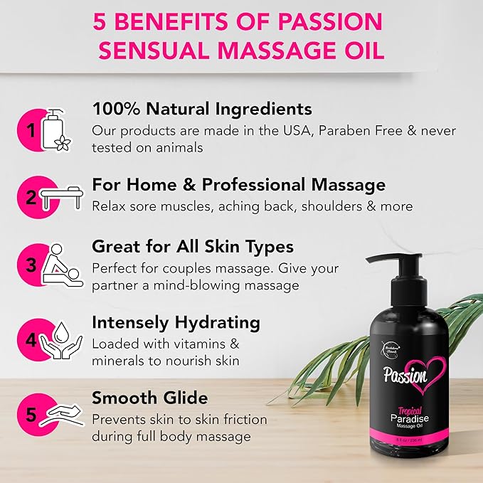 Passion Sensual Massage Oil for Date Night | 100% Natural Body Oil for Couples with Jojoba & Almond | Aromatherapy & Relaxing Massage Therapy | Perfect Glide & Smooth Skin | Tropical Paradise Scent