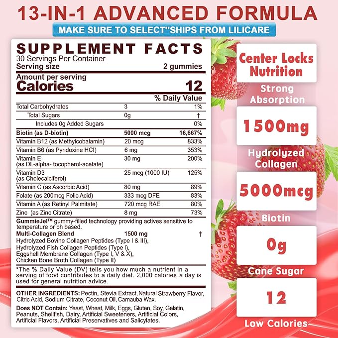2Pack Sugar-Free Hydrolyzed Collagen Peptide Filled Gummies for Women & Men, with 1500mg Protein Type I,II,III,V,X, 5000mcg Biotin Vitamin C A E D3 B6 B12 for Immune Digestion Skin Hair Nails, Bone