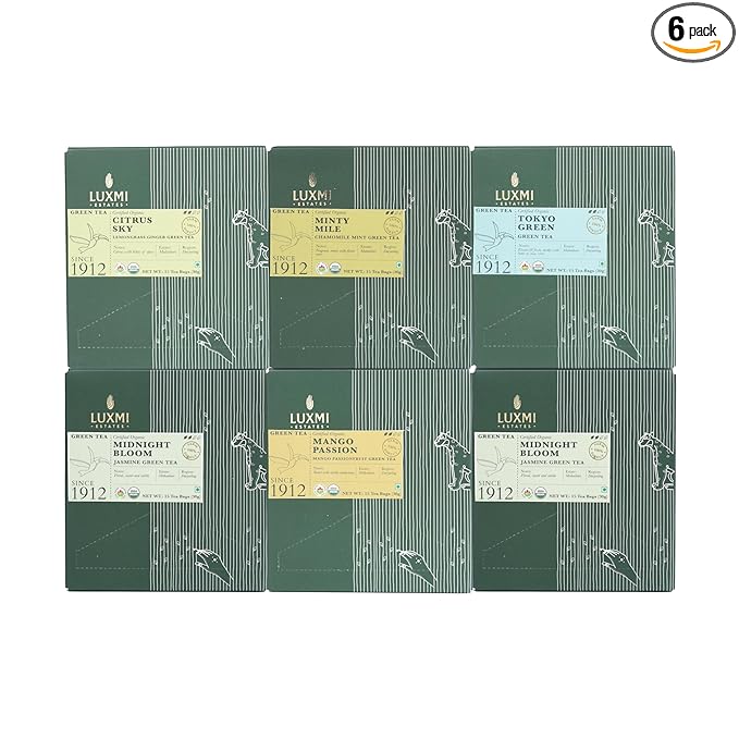 Luxmi Estates - Organic Green Tea Assortment Pack of 6-90 Tea Bags - USDA Organic, Non-GMO, All Natural