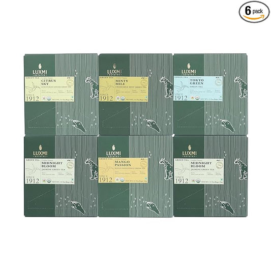 Luxmi Estates - Organic Green Tea Assortment Pack of 6-90 Tea Bags - USDA Organic, Non-GMO, All Natural