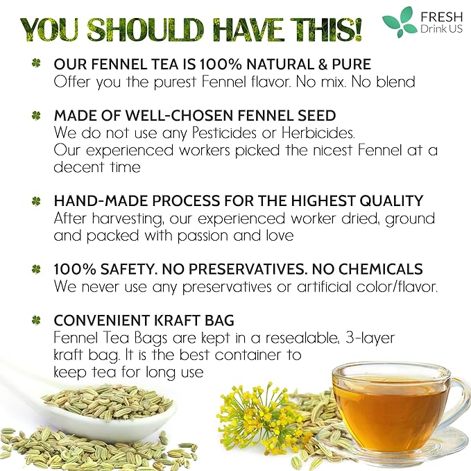 FreshDrinkUS, Premium 75 Fennel Tea Bags, 100% Natural & Pure from Fennel Seeds. Fennel Seed Herbal Tea. Fennel Seed Tea. Made with Natural Material Tea Bags. No Sugar, No Caffeine, No Gluten, Vegan.