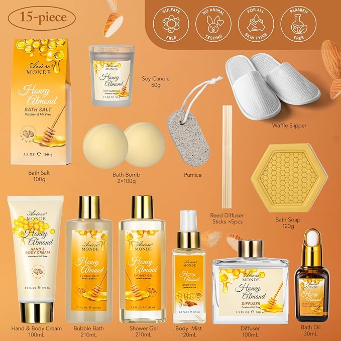 Bath & Body Gift Set, Luxury Home Spa Bath Gift Basket, Honey Almond Scented Bath Set, Pamper Gifts for Women & Teens, 15 Pcs Relaxing Home Spa Kit with Bubble Bath, Bath Salts, Body Lotion