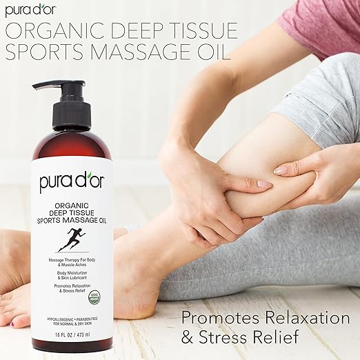 PURA D'OR 16 Oz Organic Deep Tissue Sports Massage Oil for Toned Sore Muscles - Jojoba Oil, Sunflower Oil, Almond Oil, Grapefruit Oil & Eucalyptus Oil - Alleviate Muscle Soreness