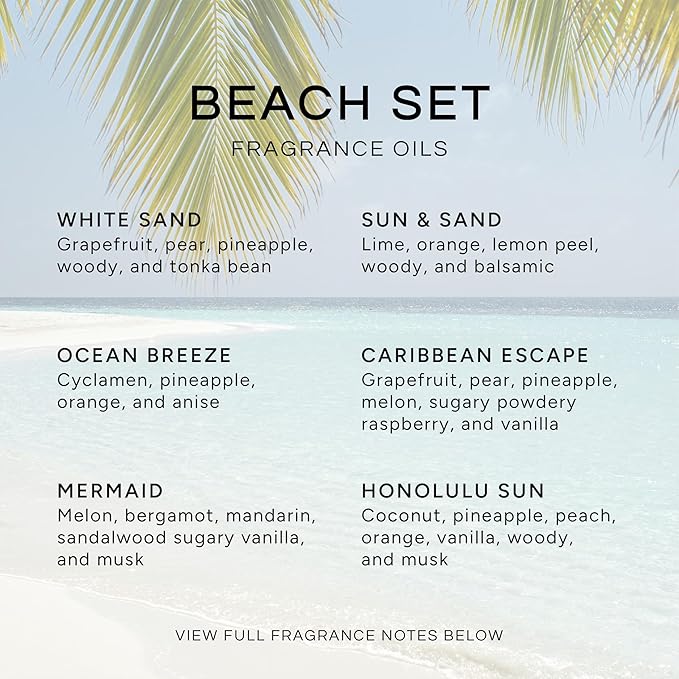 Eternal Essence Oils Beach Set of 6 Premium Fragrance Oils - Includes White Sand, Ocean Breeze, Honolulu Sun, Mermaid, Caribbean Escape, and Sun & Sand Scented Oils - 10ML