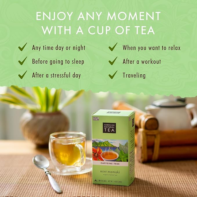 Hawaiian Natural Tea Organic Mamaki Mint Tea Blend - Caffeine Free Herbal Tea - Antioxidant-Rich, Calming, Wellness Tea for Bedtime, Anxiety & Stress - Gift for Tea Lovers - 60 Tea Bags