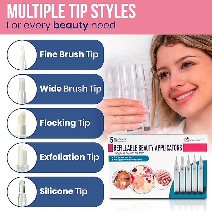 5 Refillable Beauty Applicator Pens_Multi-Use Empty Refillable Cuticle/Hair/Nail Oil Pen, Lip Gloss Tube Washable, Reusable Liquid Applicators for DIY Beauty_2 Syringes & Push Sticks