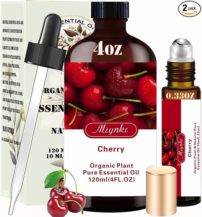 Cherry Essential Oil Roll-On Set (4oz + 10ml)–100% Pure Natural Aromatherapy Oil for Relaxation, Stress Relief, Sleep, Massage, Diffuser, DIY Candles & Soap Making–Home Spa, Yoga, Gifts