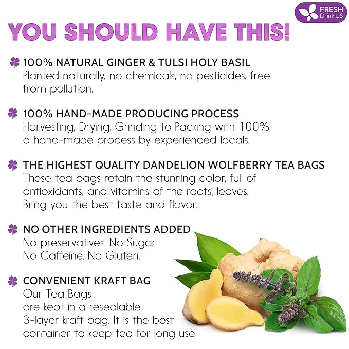 FreshDrinkUS, Premium 75 Ginger Tulsi Tea Bags, 100% Natural, Hand-made Blend of Ginger and Tulsi Holy Basil Leaves, Eco-conscious Tea Bags. Ginger Tulsi Herbal Tea. No Sugar, No Caffeine, Vegan.