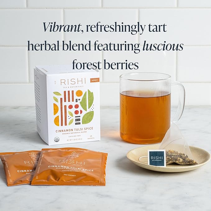 Rishi Tea Cinnamon Tulsi Spice Herbal Tea - Organic, Caffeine Free Sachet Bags, Warming & Naturally Sweet Botanical Blend - 15 Count (Pack of 6)
