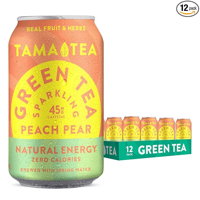 Sparkling Peach Pear Green Tea by Tama Tea - Made with Real Fruit & Herbs - Zero Sugar, Zero Calories, Non-GMO - Naturally Energizing Green Tea High in Antioxidants & Nootropics - 12 oz Pack of 12