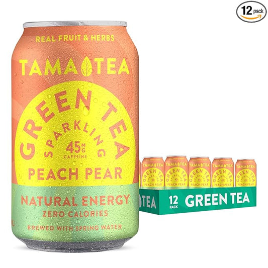 Sparkling Peach Pear Green Tea by Tama Tea - Made with Real Fruit & Herbs - Zero Sugar, Zero Calories, Non-GMO - Naturally Energizing Green Tea High in Antioxidants & Nootropics - 12 oz Pack of 12