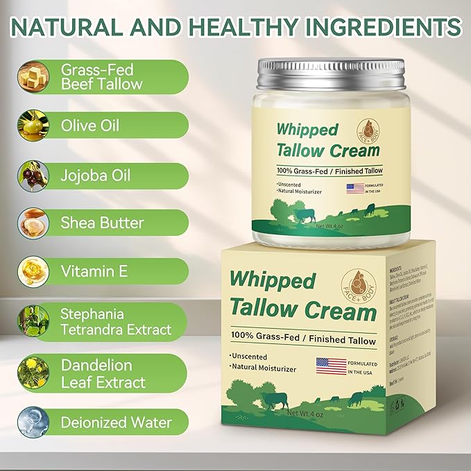 Beef Tallow for Skin, Organic Grass Fed Whipped Beef Tallow Moisturizer Deeply Nourishing for Face & Body, Natural Unscented Tallow Face Moisturizer Smooth Soft for Dry Skin, 4oz