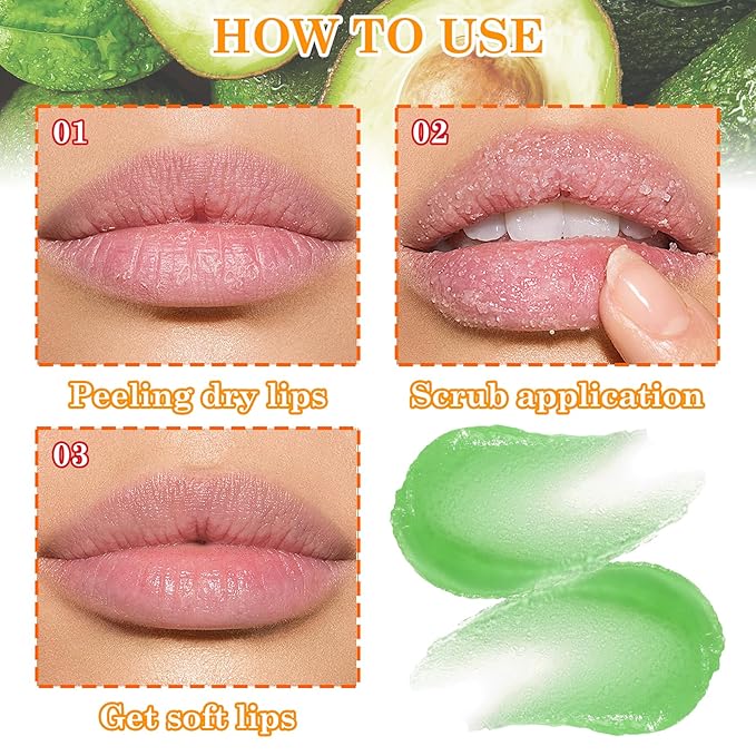 2 Pack Avocado Lip Scrub Set,Long Lasting Moisturizing Lip Scrubber Exfoliator, Cleansing Hydrating Lip Exfoliator Scrub and Moisturizer Kit for Chapped Dry Lips