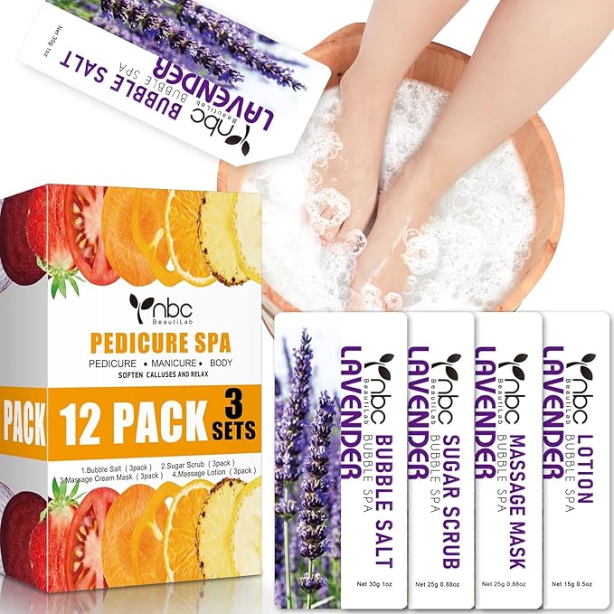 Pedicure Kit Foot Soak Set: Bubble Salt, Sugar Scrub, Massage Mask, Massage Lotion in a Box, 4 Step Foot Spa Kit for Dry Feet, Softens Calluses, Tired Feet（3 Set Lavender)