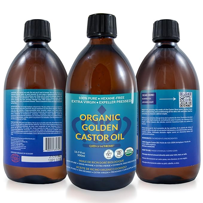 QUEEN OF THE THRONES Organic Golden Castor Oil | 100% Pure for Hair, Skin, Nails, Brows & Lashes | Hexane-Free | USDA Certified [16.9oz (500ml)]