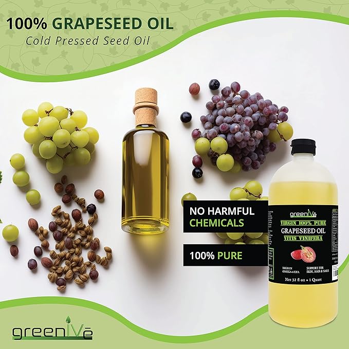 GreenIVe Grapeseed Oil Organically Grown 100% Pure Cold Pressed Light Flavor High Tempurature Cooking 32oz