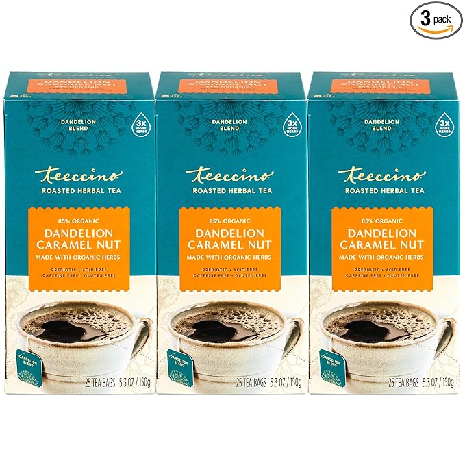 Teeccino Dandelion Caramel Nut Tea - Caffeine Free, Roasted Herbal Tea with Prebiotics, 3x More Herbs than Regular Tea Bags, Gluten Free - 25 Tea Bags (Pack of 3)