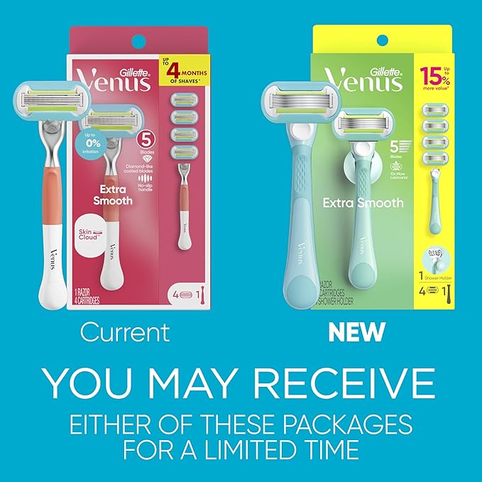 Gillette Venus Extra Smooth Razor for Women, Includes 1 Reusable Razor Handle + 4 Refills, 5-Bladed, Ergonomic No-Slip Gel Handle and Shower Holder