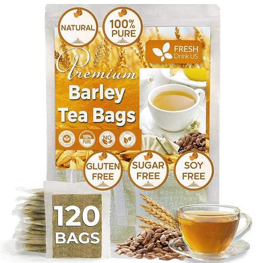 FreshDrinkUS Premium 120 Barley Tea Bags, 100% Natural & Pure. Loose Barley Herbal Tea. Made with Natural Material Tea Bags. No Sugar, No Caffeine, No Gluten, Vegan