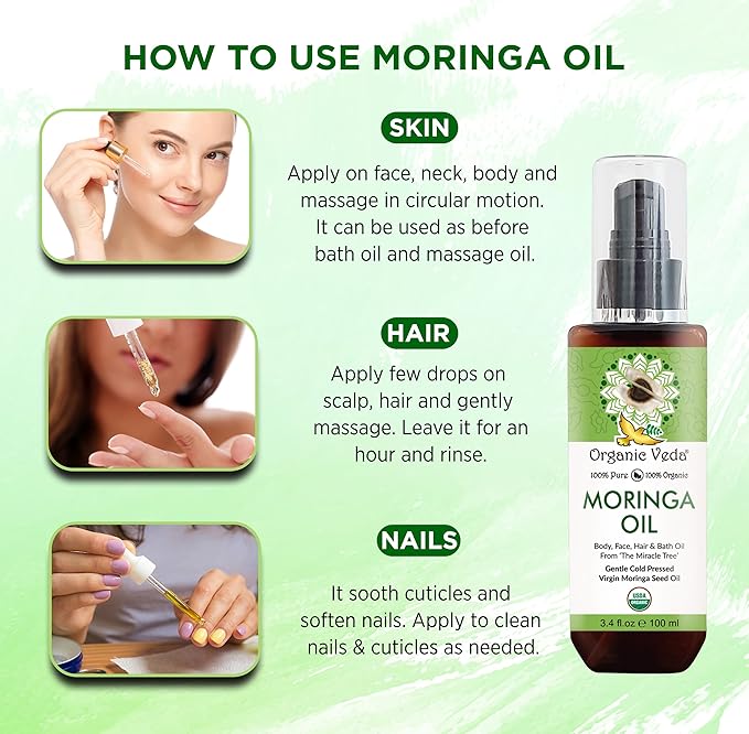 Organic Veda Moringa Oil - USDA Cold Pressed Virgin Moringa Seed Oil - 100% Pure Moringa Skin Care Oil Moisturizer for Face, Nails, Foot, Body & Hair - Unrefined, Vegan & Gluten Free - 3.4 fl oz