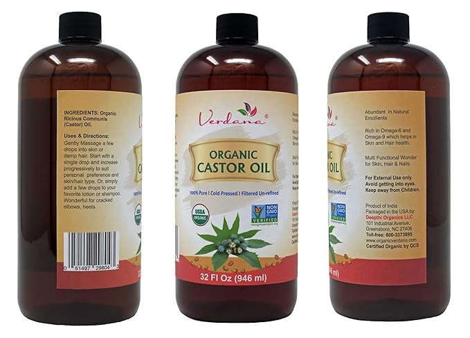 Verdana Organic Castor Oil – 32 Fl Oz Bulk Size – Cold Pressed, Unrefined, Hexane-Free – USDA Organic – Natural Moisturizer for Hair Growth, Eyelashes, Skin, Scalp & Castor Oil Packs