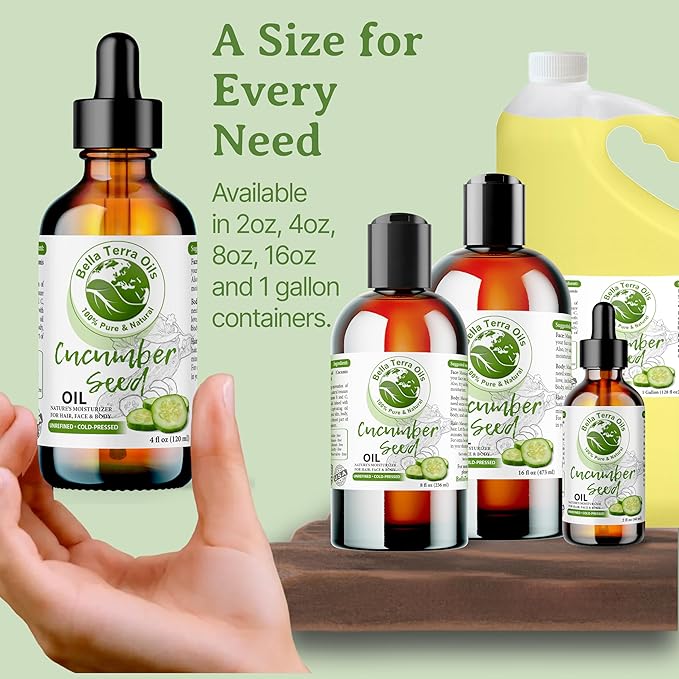 Bella Terra Oils Cucumber Seed Oil for Skin and Hair – 1gallon, Refreshing, Hydrating, Light, Nutrient-Rich, Non-Greasy