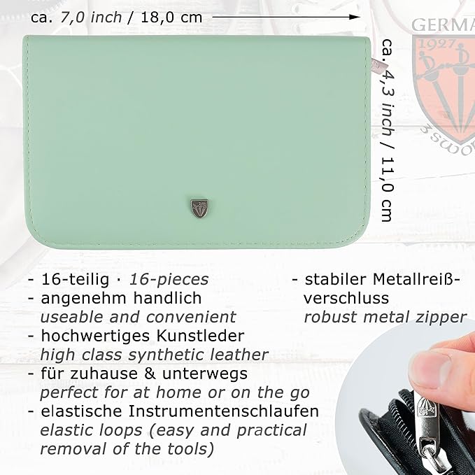 3 Swords Germany - brand quality 16 piece manicure pedicure grooming kit set fashion leather case mint, Made in Germany
