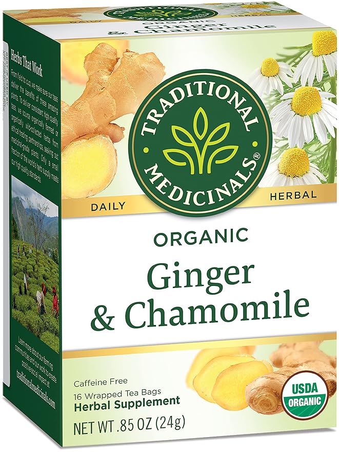 Traditional Medicinals Organic Ginger & Chamomile Herbal Tea, Relieves Occasional Indigestion or Nausea, (Pack of 1) - 16 Tea Bags