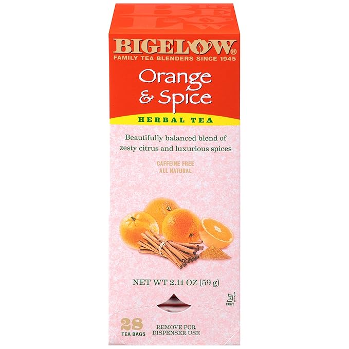 Bigelow Orange & Spice Herbal Tea 28-Count Boxes (Pack of 6) Caffeine-Free Soothing Herbal Tea Sweetly Citrus-y Tea with an Herbal Twist in Foil-Wrapped Bags
