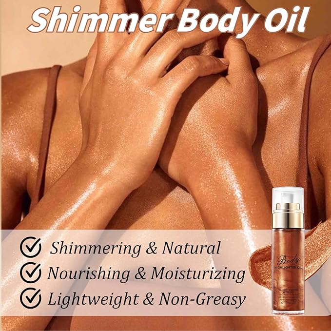 Body Shimmer Oil - Shimmer Body Oil - Moisturizing Gold Brown body Glitter for Women - - Long-Lasting Shimmering Highligter - Summer Essentials for Women - with Applicator Glove with Thumb