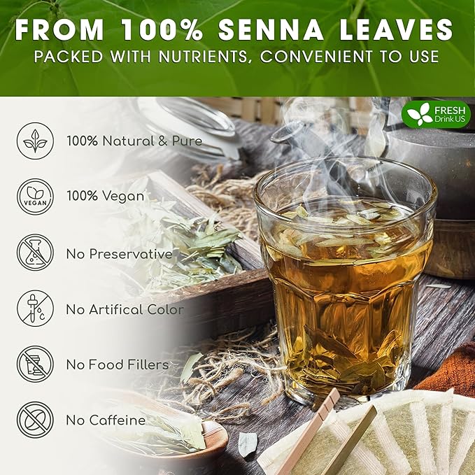 FreshDrinkUS, Premium 55 Senna Leaf Tea Bags, 100% Natural & Pure from Senna Leaves. Loose Leaf Senna Herbal Tea, Made with Natural Material Tea Bags, Senna Leaf Tea. No Sugar, No Caffeine, No Gluten, Vegan.