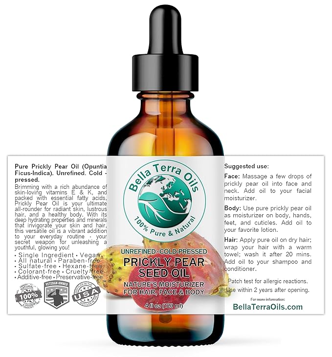 Bella Terra Oils - Prickly Pear Oil 4 oz - Extracted from Cactus Pear, Enriched with Omega-6, Vitamin K, Experience the Opulence of Nature