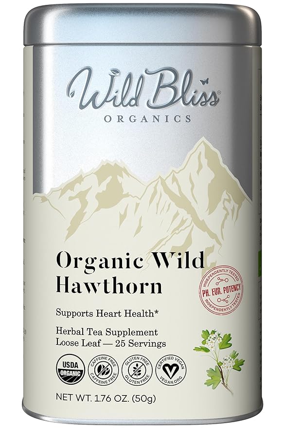 Wild Bliss Organic Hawthorn Loose Leaf and Flower Tea - Caffeine Free Heart Health Herbal Support - 1.76 Oz - 25 Servings
