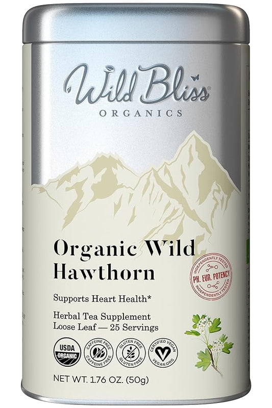 Wild Bliss Organic Hawthorn Loose Leaf and Flower Tea - Caffeine Free Heart Health Herbal Support - 1.76 Oz - 25 Servings