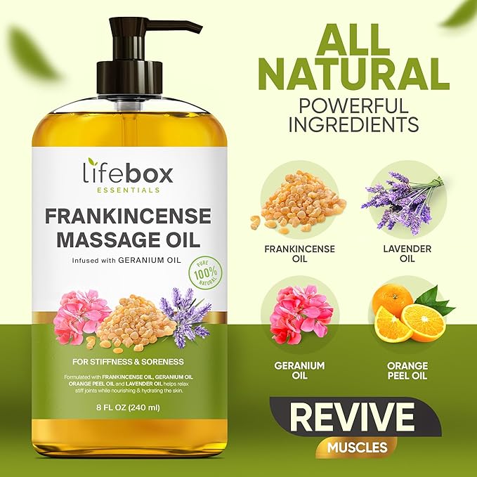Frankincense Massage Oil – 100% Pure & Natural - Massage Therapy Oil for Soreness & Stiffness – Stretch Marks and Scars Body Oil Infused with Frankincense Essential Oil and Geranium Oil – 8 FL OZ