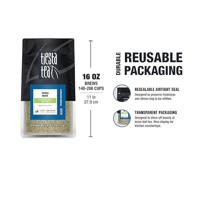 Tiesta Tea - Yerba Mate | Loose Leaf | Traditional Green Maté Tea | Premium High Caffeinated Blend | Make Hot or Iced | Brews Up to 200 Cups | All Natural Flavors | 12oz Resealable Bulk Pouch