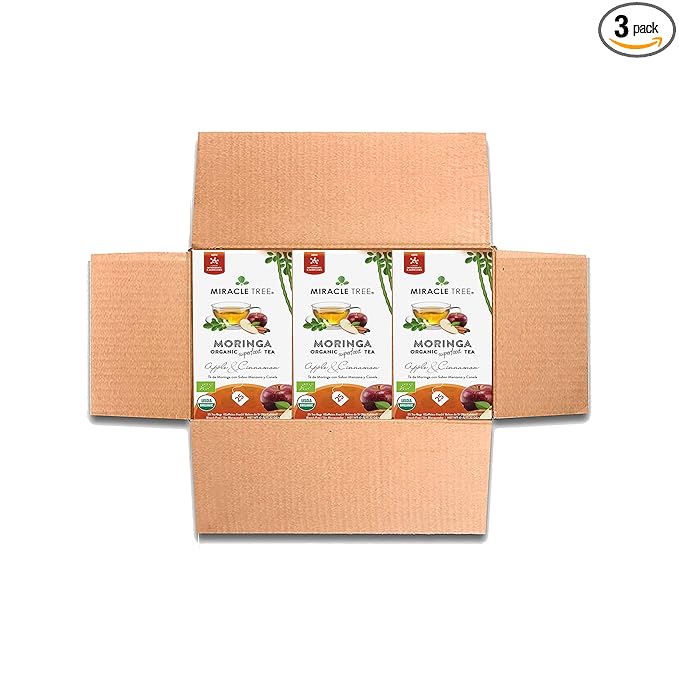 Miracle Tree - 3 Count of Organic Moringa Superfood Tea, 25 Individually Sealed Tea Bags, Apple & Cinnamon (Keto, Detox, Energy/Immunity Booster, Vegan, Gluten-Free, Organic, Non-GMO, Caffeine-Free)