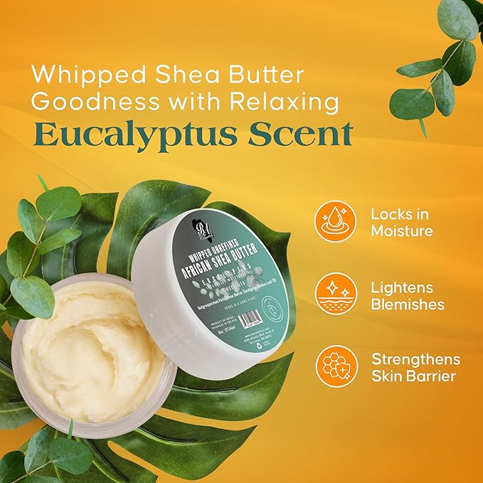 RA COSMETICS Whipped Shea Butter Eucalyptus – 6oz | 100% Pure and Natural African Shea Butter for Men & Women - Ultimate Handcrafted Moisturizer with Essential Vitamins for Radiant Skin & Hair