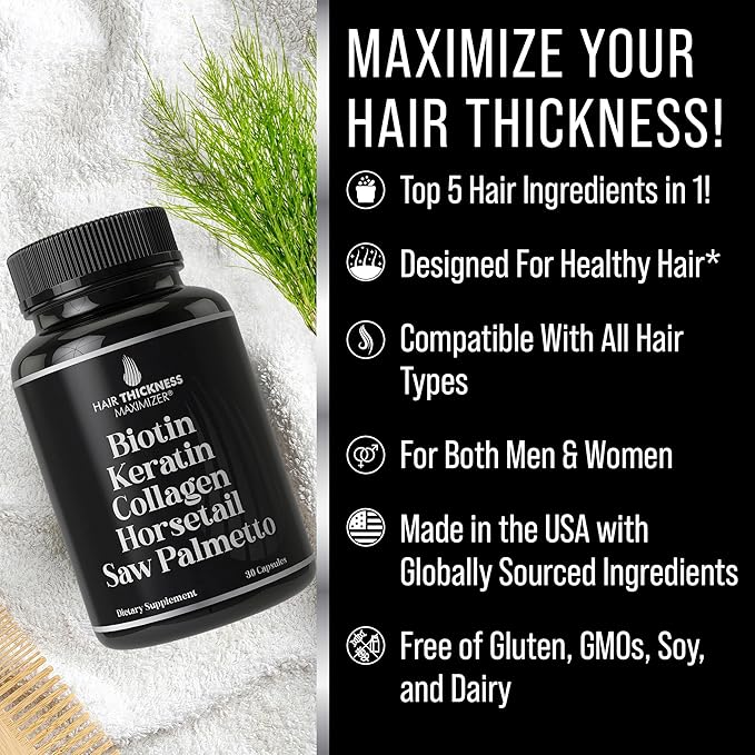 Biotin (5000mcg), Keratin, Collagen, Horsetail, Saw Palmetto – 5-in-1 Hair Growth Supplement & Vitamins for Women & Men, DHT Blocker Capsules for Thinning - Hair Growth Vitamins