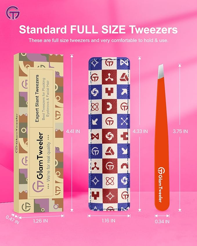 Expert Eyebrow Hair Removal Tweezer with Leather Case, GlamTweeler High Precision Slant Tip Stainless Steel Tweezers for Men and Women (Orange)