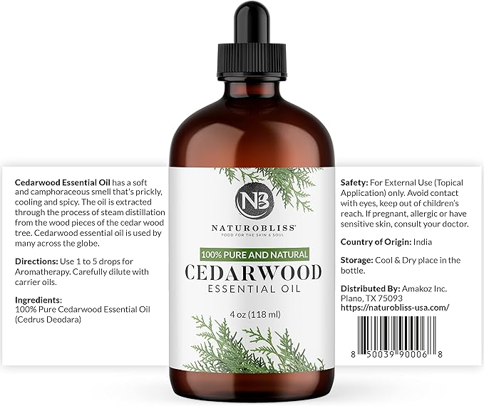 NaturoBliss 100% Pure Cedarwood Essential Oil Therapeutic Grade Premium Quality (4 fl. oz) with Glass Dropper, Perfect for Aromatherapy