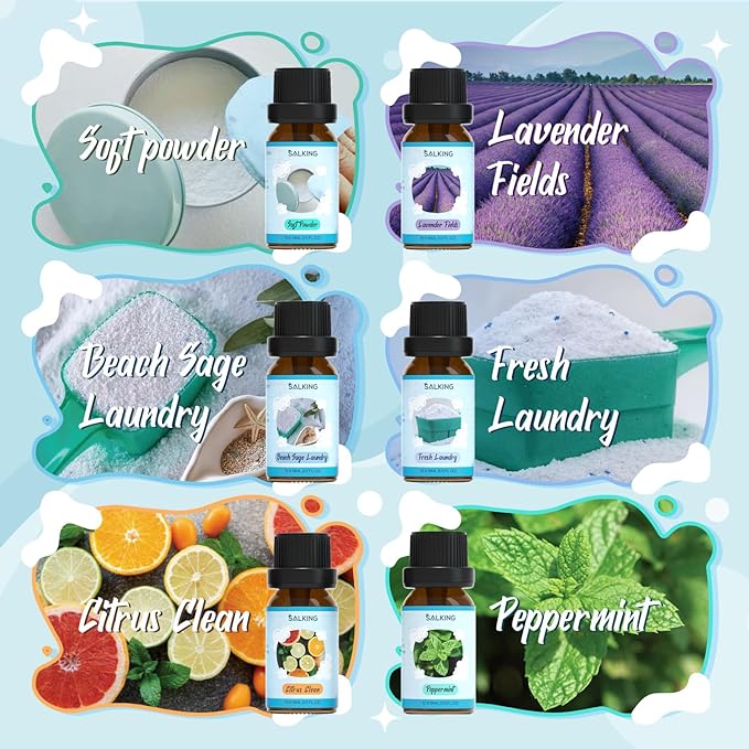 SALKING Clean Fragrance Oils Set, 12 x 10ml Premium Essential Oils Set for Diffuser, Natural Clean Scents Scented Oils, Soap & Candle Making Scents, Aromatherapy Oils Collection