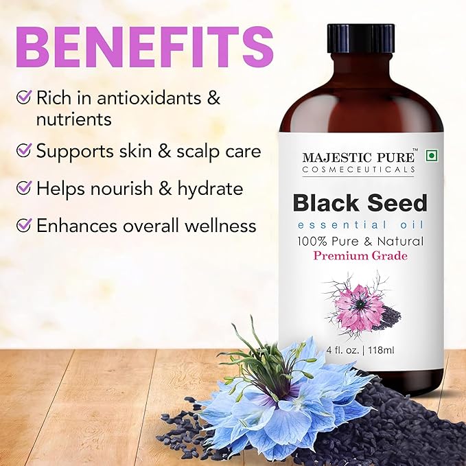 MAJESTIC PURE Black Seed Essential Oil | 100% Pure and Natural Black Seed Oil | Premium Grade Essential Oils for Hair Care, Home Diffusers, Skin, Aromatherapy, Massage and Humidifiers | 4 Fl Oz
