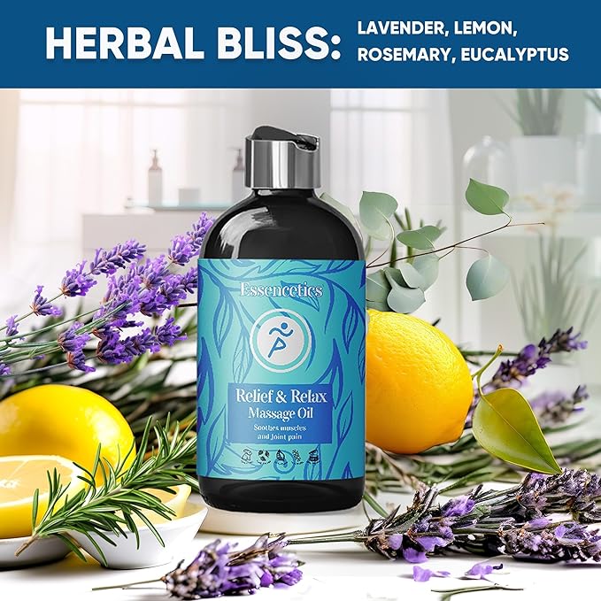 8 oz - Relief & Relax Sore Muscle Massage Oil with 100% Pure Arnica, Lavender & Rosemary Oils - Soothes Muscles & Joint with Relaxing Massage Oil for Massage Therapy