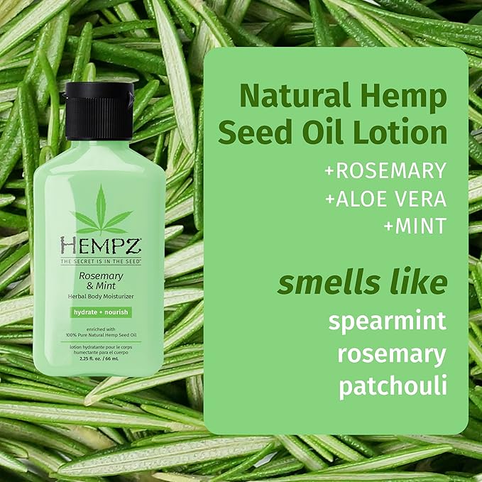 HEMPZ Herbal Body Moisturizer, Rosemary & Mint Travel Mini 2.25 Oz – Hydrating Lotion Rich with Minerals, Vitamin C, & Hempseed Oil to Nourish & Repair Extremely Dry or Sensitive Skin, for Women & Men