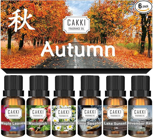 Autumn Essential Oils for Diffusers for Home, CAKKI Fragrance Oils Set, 6 Fall Scents, Natural Aromatherapy Oils, for Candles Making, for Soaps Making, for Humidifiers, 6x10 ml