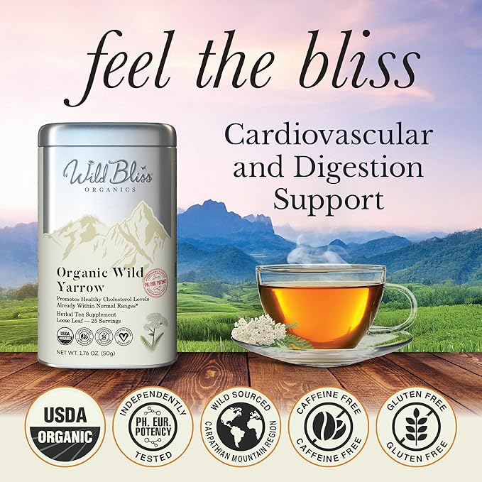 Wild Bliss Organic Yarrow Tea - Caffeine Free Loose Leaf Herbal Tea - Pharmacopoeia Potency - 1.76 Ounces - 25 Servings