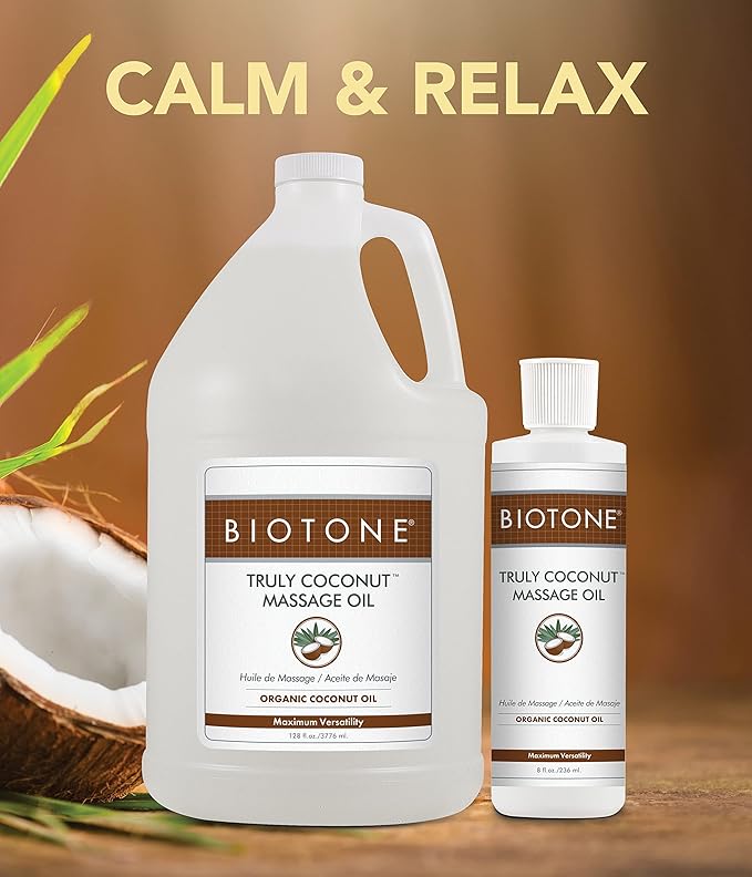 BIOTONE Truly Coconut Massage Oil with Organic Coconut Oil, Melts Away Tension and Promotes Deep Relaxation, Light, Versatile, Long-Lasting, Easy Wash-Out, Can Also Use as a Bodycare Oil