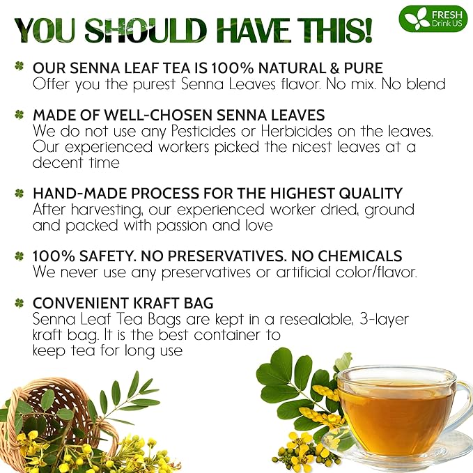 FreshDrinkUS, Premium 55 Senna Leaf Tea Bags, 100% Natural & Pure from Senna Leaves. Loose Leaf Senna Herbal Tea, Made with Natural Material Tea Bags, Senna Leaf Tea. No Sugar, No Caffeine, No Gluten, Vegan.
