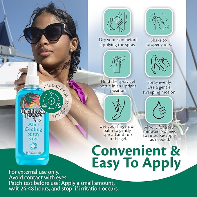 Caribbean Breeze Aloe Cooling Spray Gel, Mango Lime Aloe Vera Gel for Sunburn Relief Spray, Vitamin Enriched with Camellia & Tea Tree, 8.5 oz (250 ml)